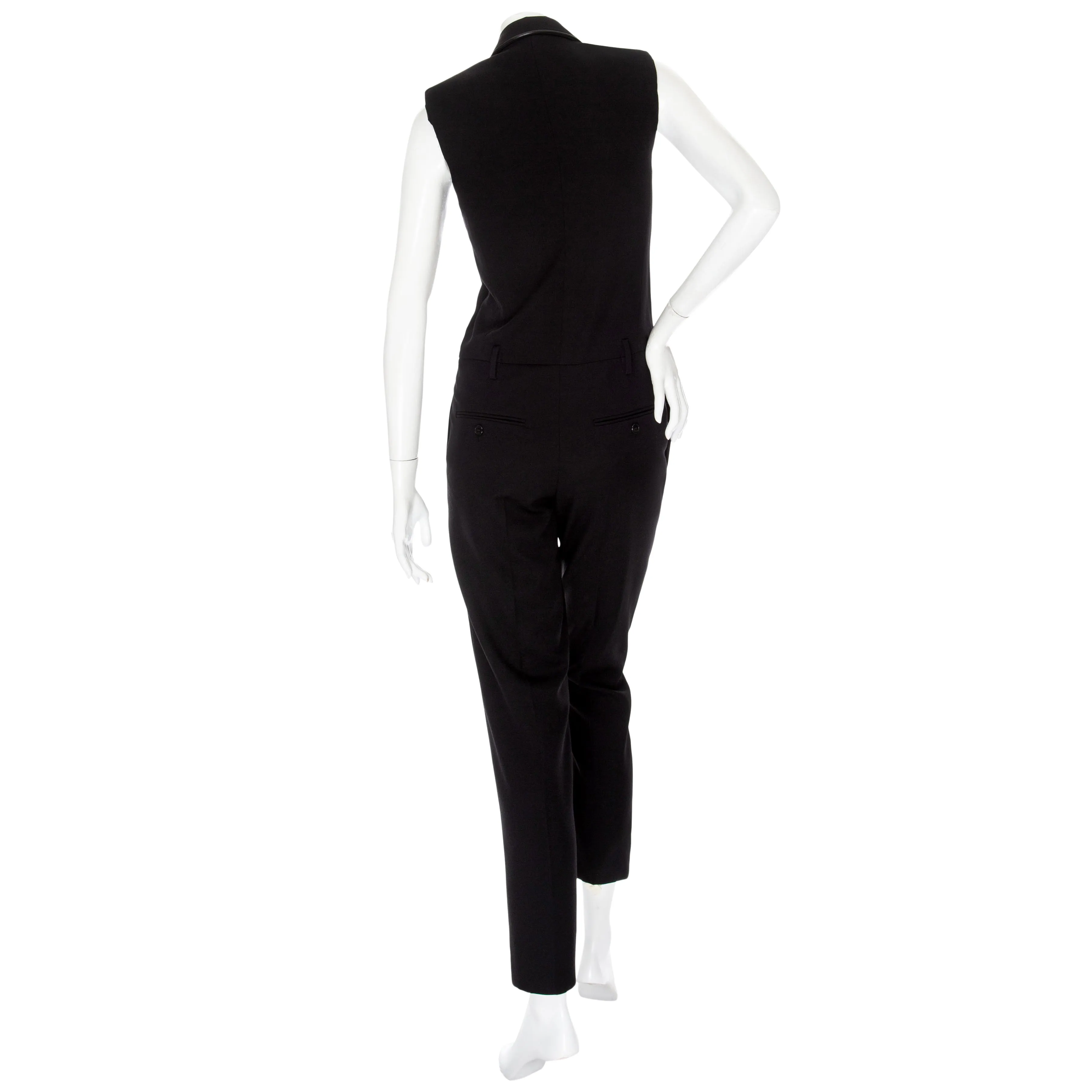 Black Wool and Leather Sleeveless Tailored Jumpsuit