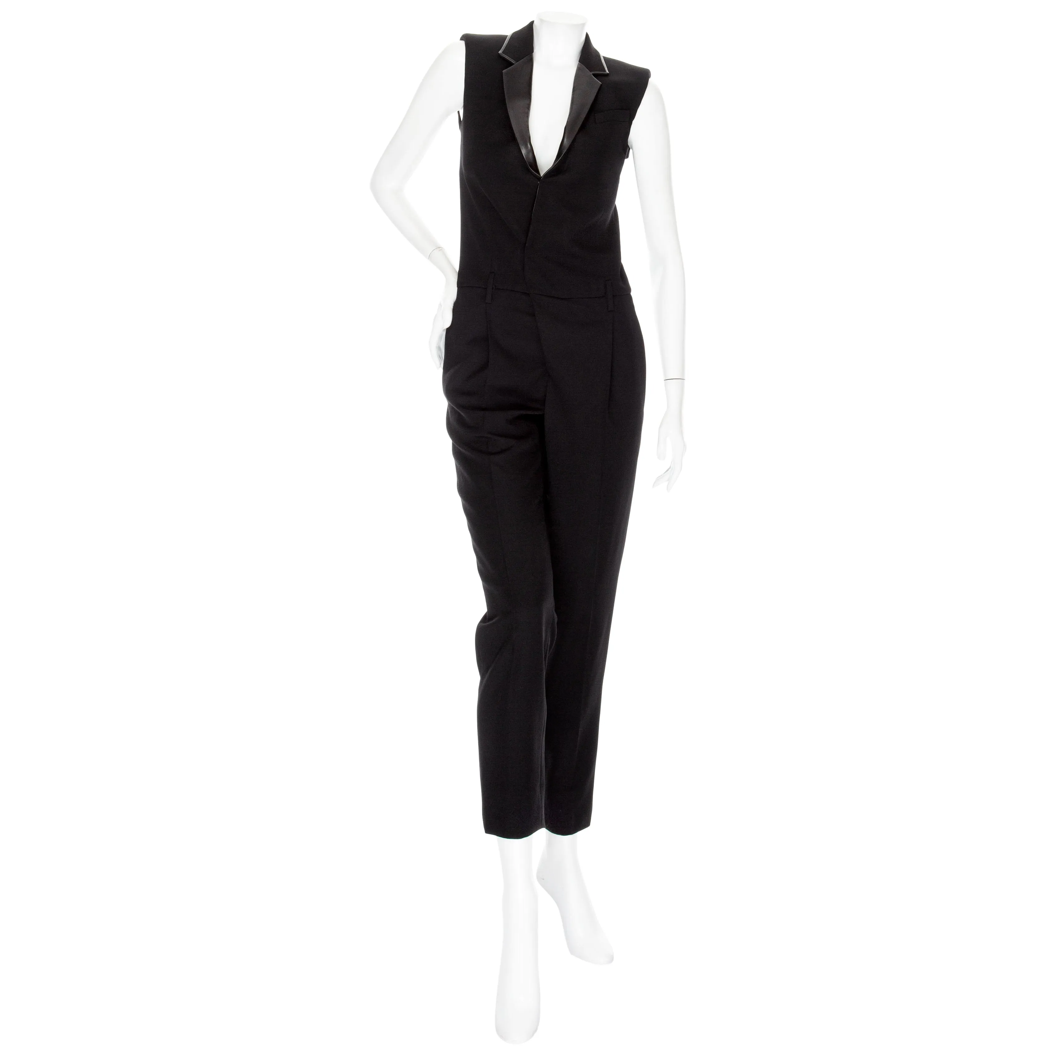 Black Wool and Leather Sleeveless Tailored Jumpsuit