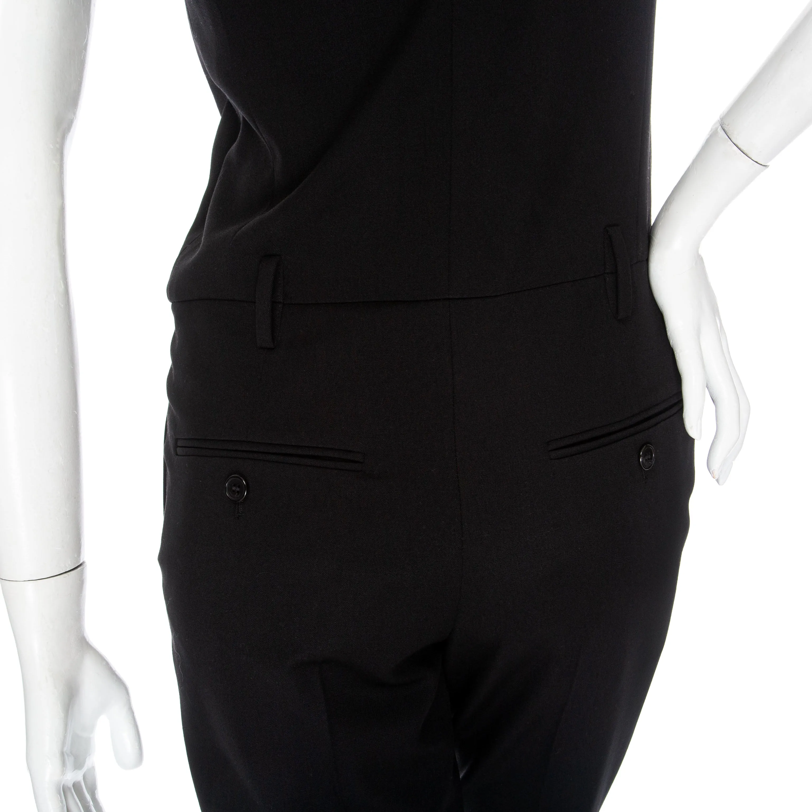 Black Wool and Leather Sleeveless Tailored Jumpsuit