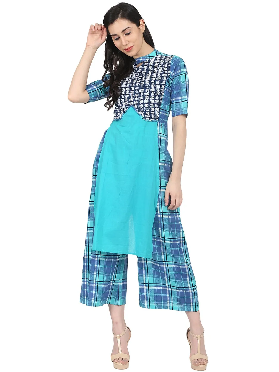 Blue Check Printed Half Sleeve Cotton Jumpsuit