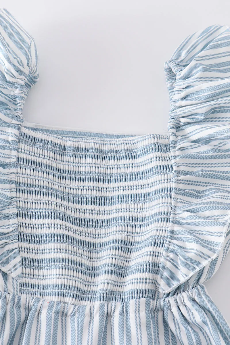 Blue stripe smocked girl jumpsuit