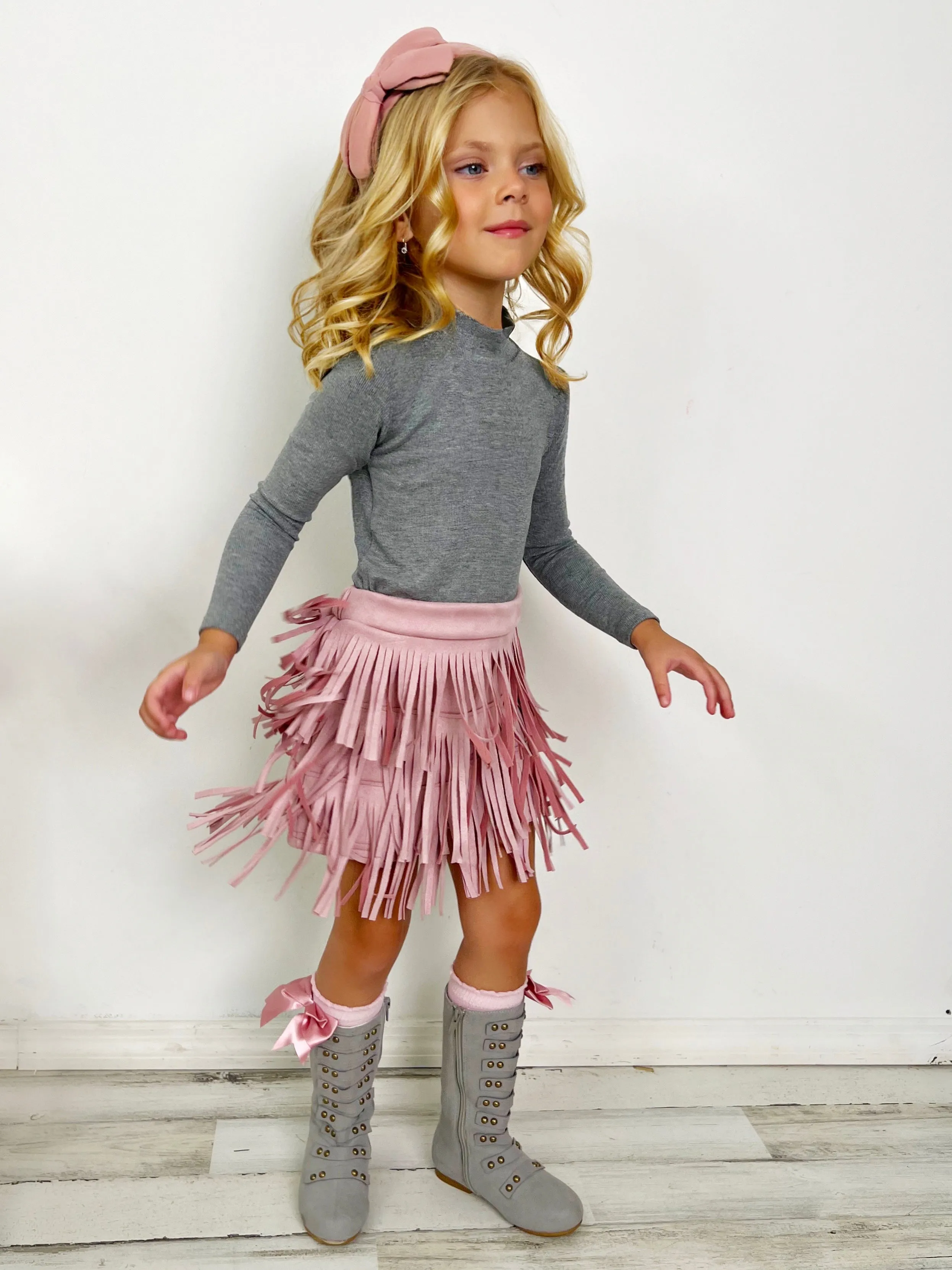 Boho Glam Pink Fringe Suede Shorts Set