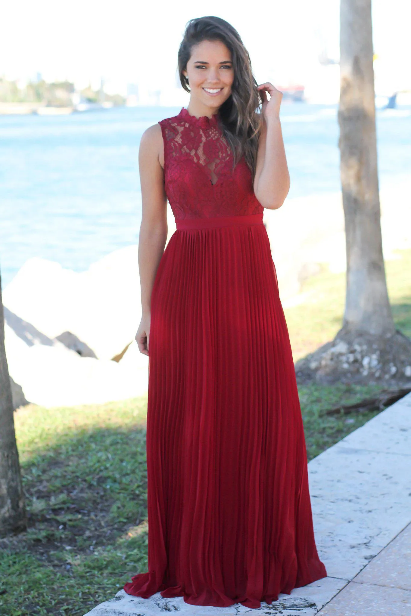 Burgundy Lace Maxi Dress with Pleated Skirt