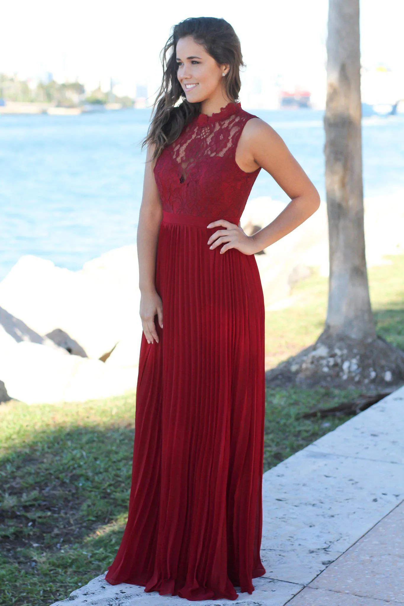 Burgundy Lace Maxi Dress with Pleated Skirt