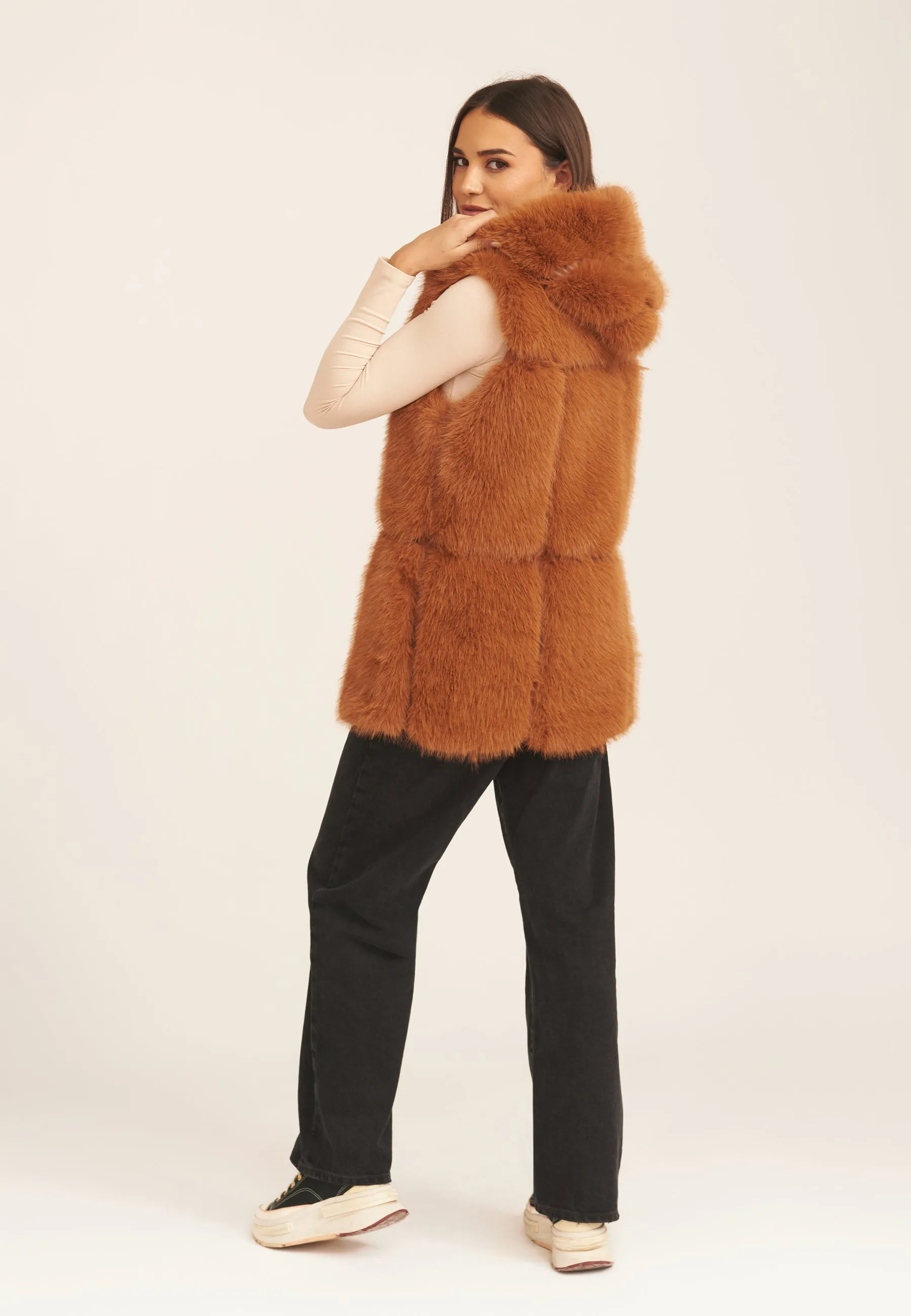 Camel Soft Touch Fur Longline Gilet