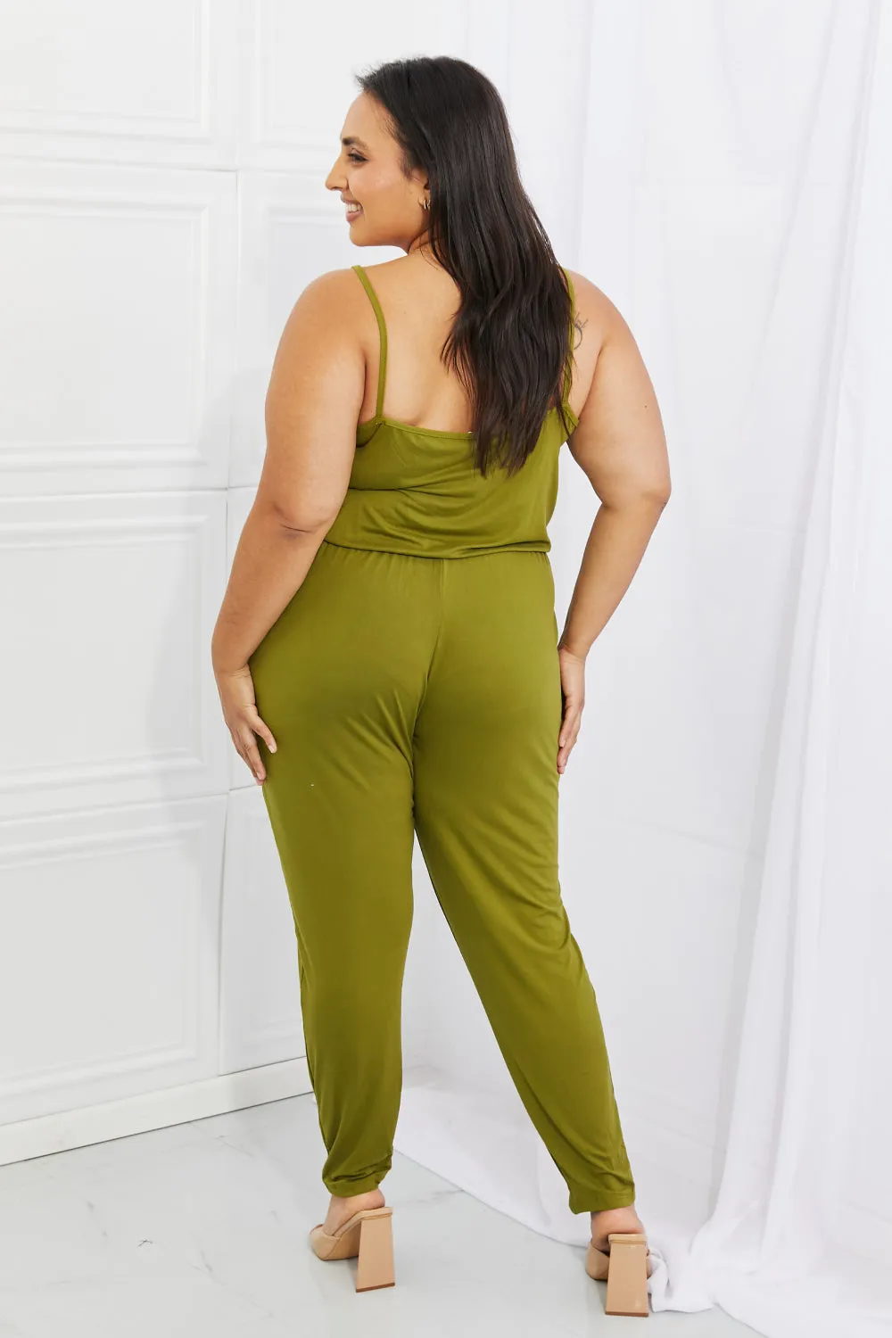 Capella Comfy Casual Full Size Solid Elastic Waistband Jumpsuit in Chartreuse