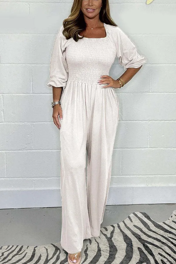 Casual and Comfortable Smocked Solid Color Wide Leg Jumpsuit