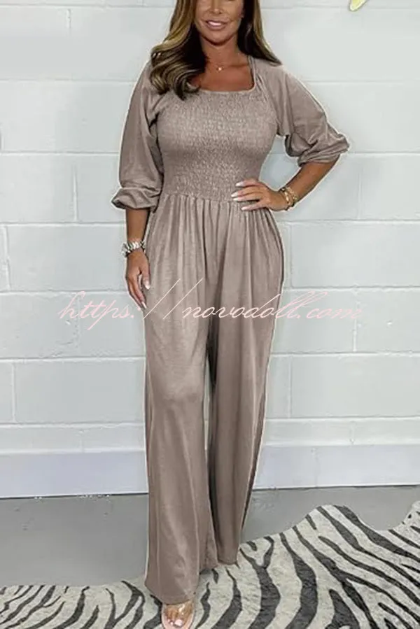 Casual and Comfortable Smocked Solid Color Wide Leg Jumpsuit