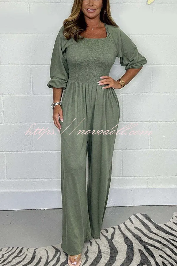 Casual and Comfortable Smocked Solid Color Wide Leg Jumpsuit