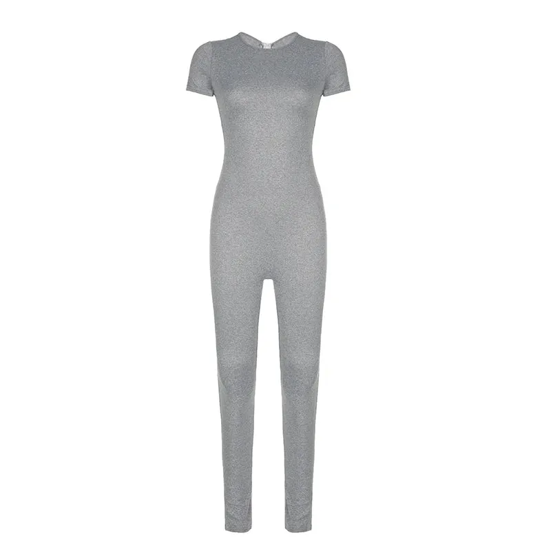 Casual Grey Sportswear Skinny Summer Jumpsuit Women Basic Bodycon Playsuit Streetwear One Pieces Rompers Short Sleeve