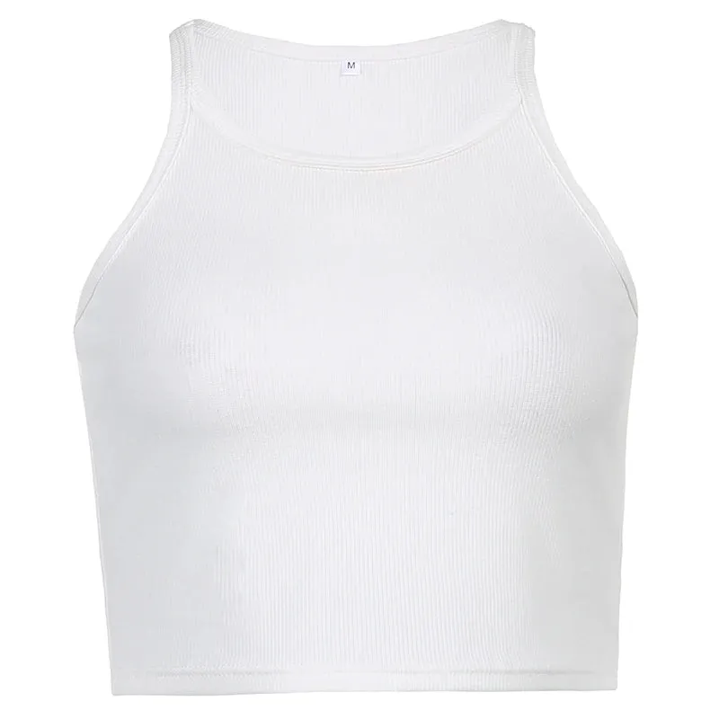 Casual Solid Ribbed Skinny Strap Top Female Cami Basic White Crop Top Bodycon Short Summer Tops Tees Vest Clothes New