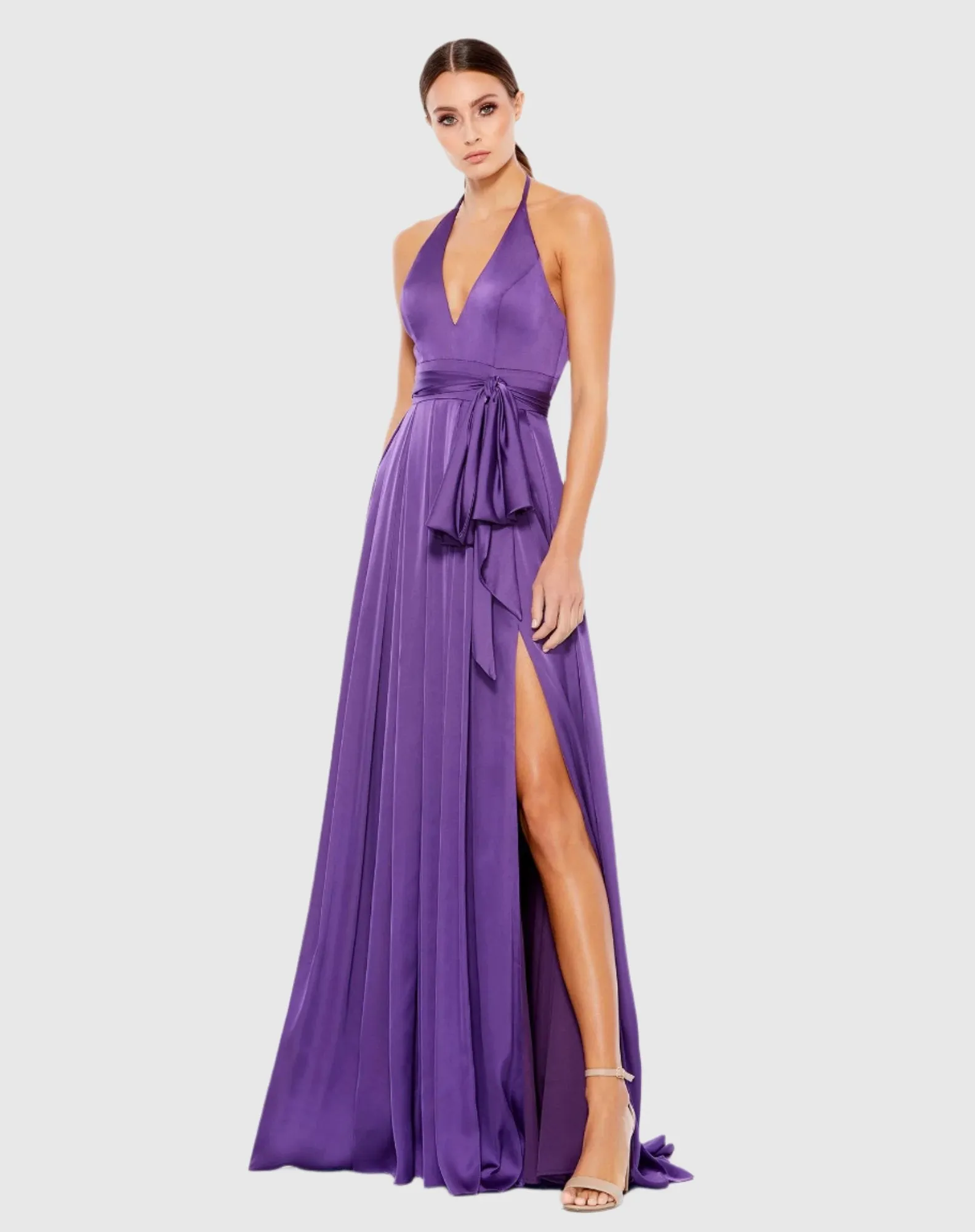 Charmeuse Halter Strap Soft Tie Waist Gown