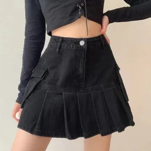 Chic Denim High Waist Pleated Mini Skirt