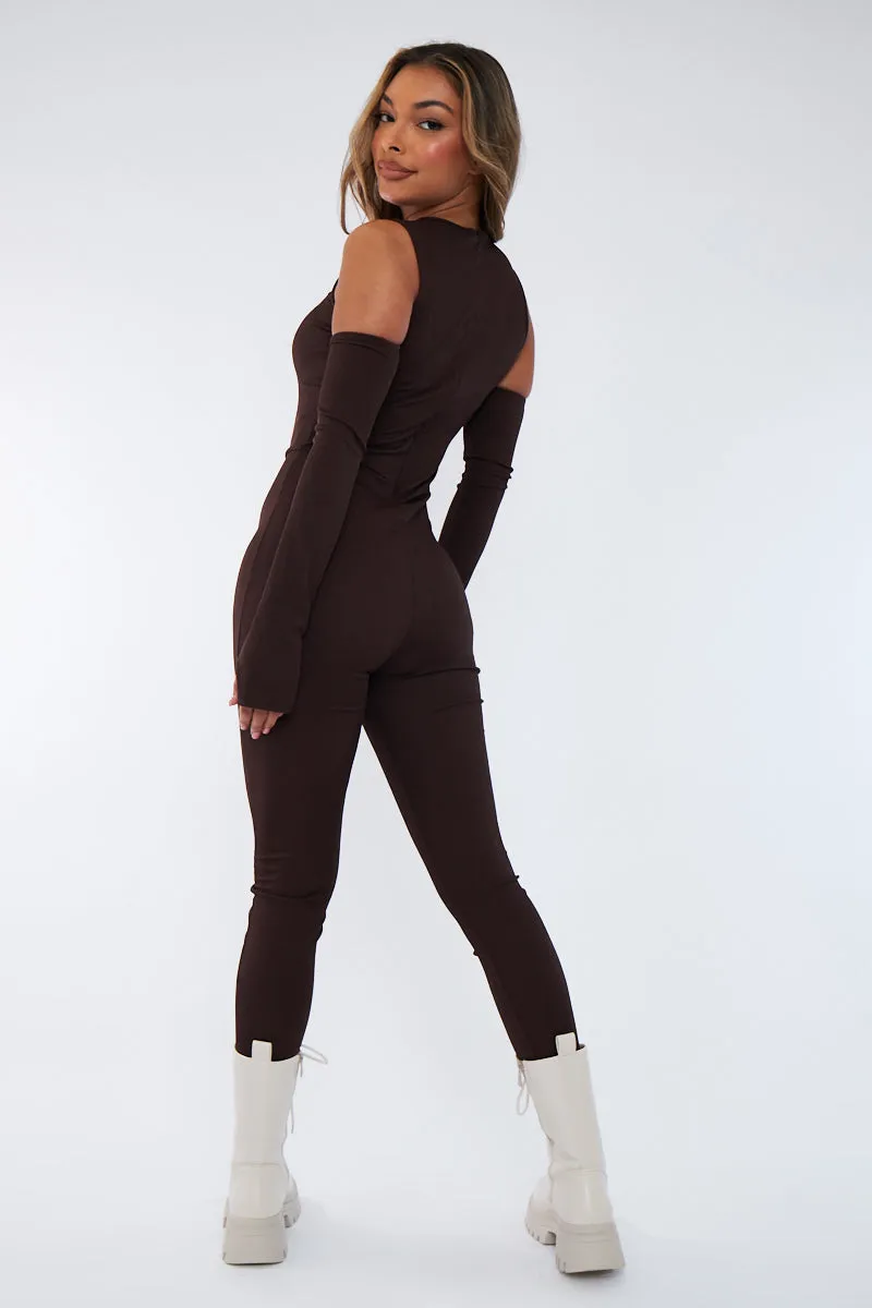 Chocolate Rib Cut Out Shoulder Thumb Hole Jumpsuit - Mel