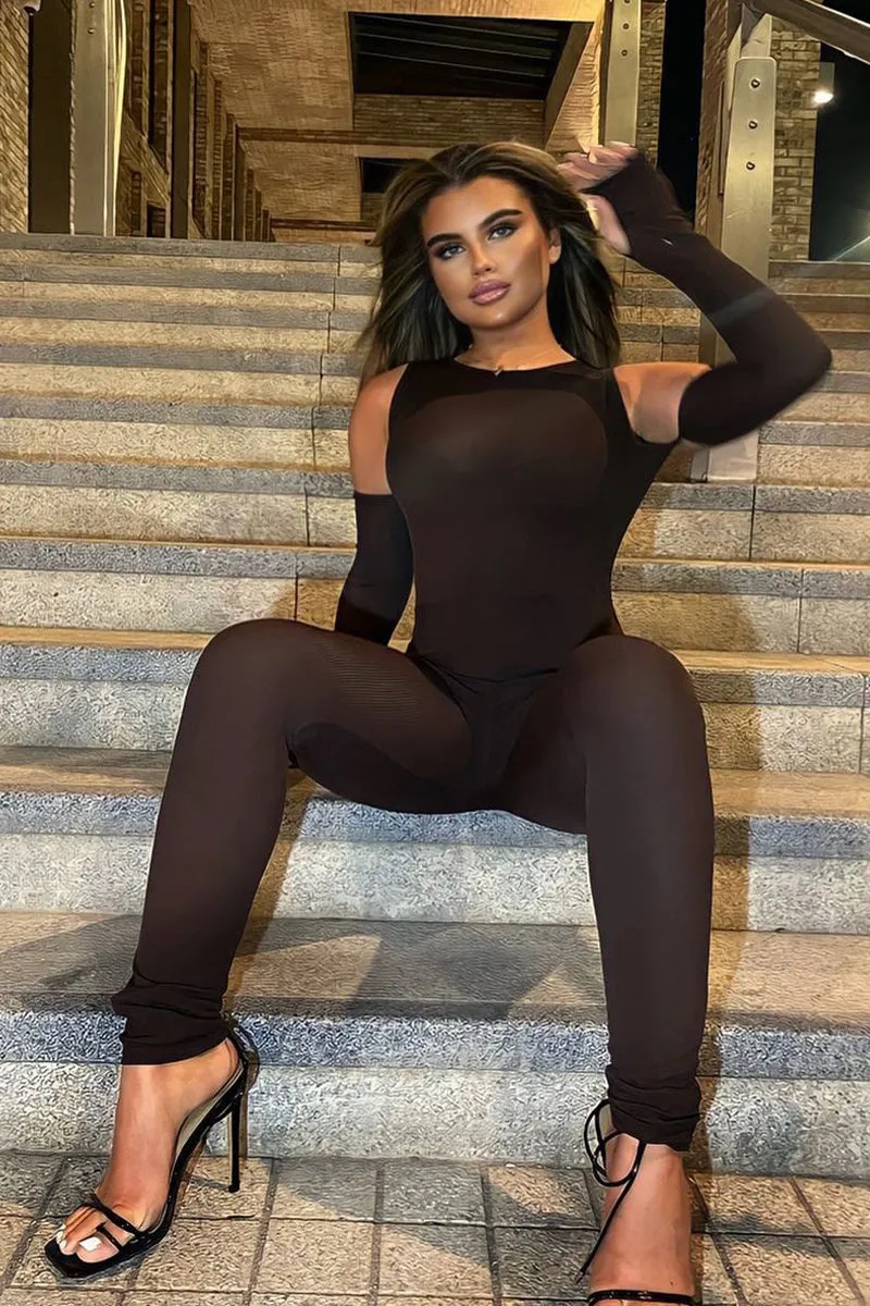 Chocolate Rib Cut Out Shoulder Thumb Hole Jumpsuit - Mel