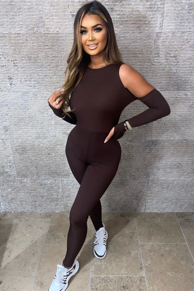 Chocolate Rib Cut Out Shoulder Thumb Hole Jumpsuit - Mel