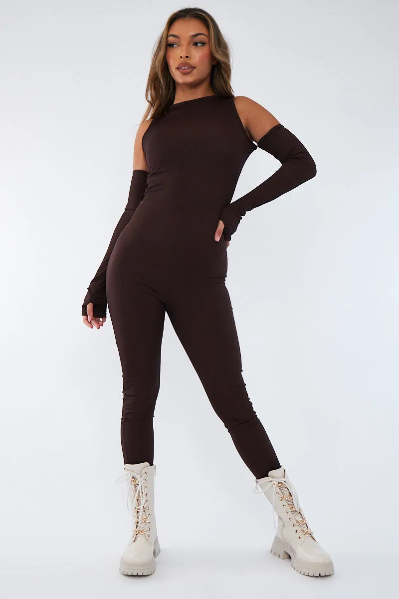 Chocolate Rib Cut Out Shoulder Thumb Hole Jumpsuit - Mel