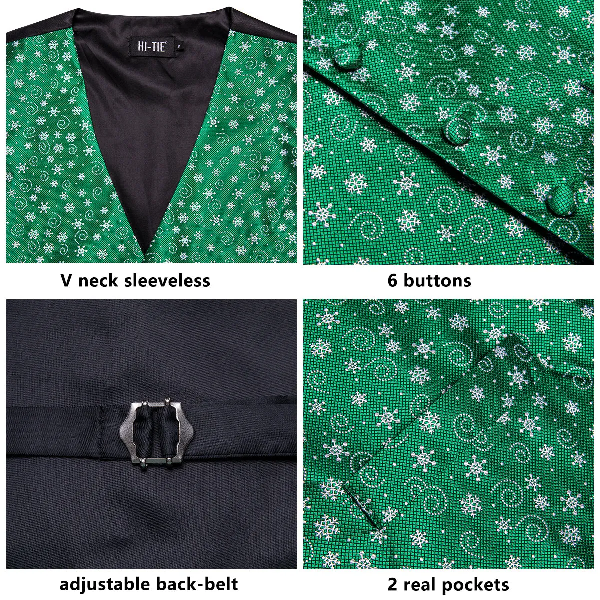 Christmas Green White Snowflakes Men's Vest Hanky Cufflinks Tie Set