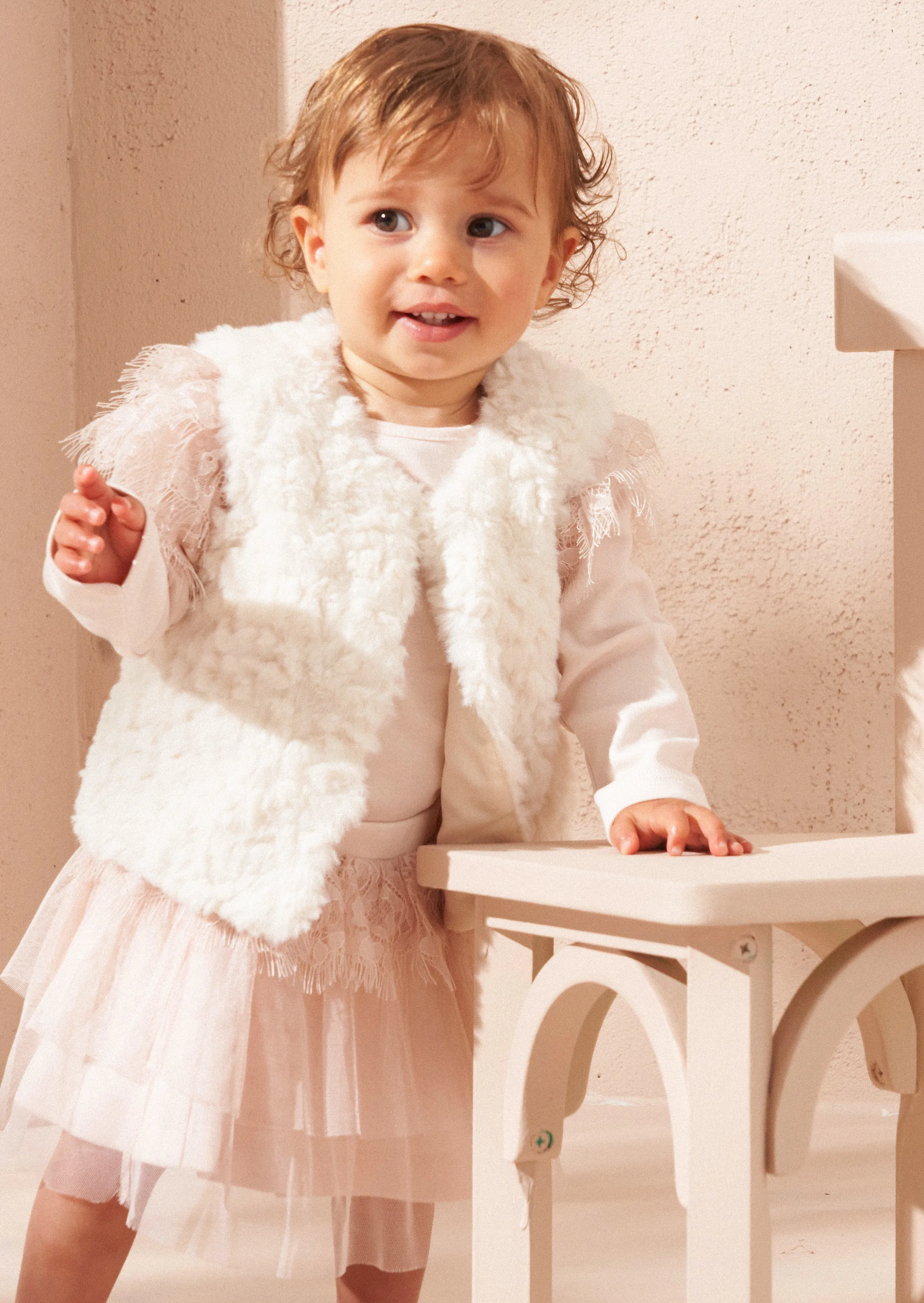 Cici Ecru Faux Fur Baby Gilet