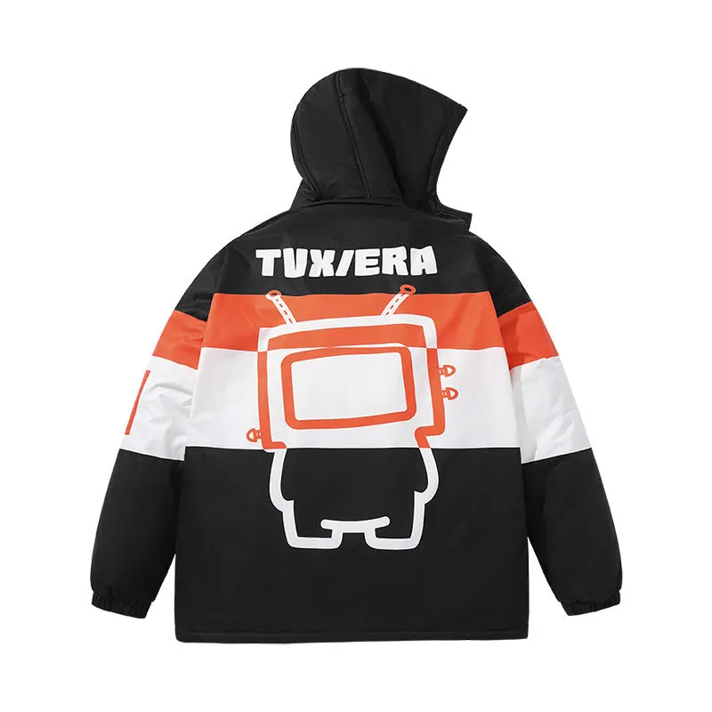 Color contrast striped letters cartoon TV man print removable cap cotton-padded coat