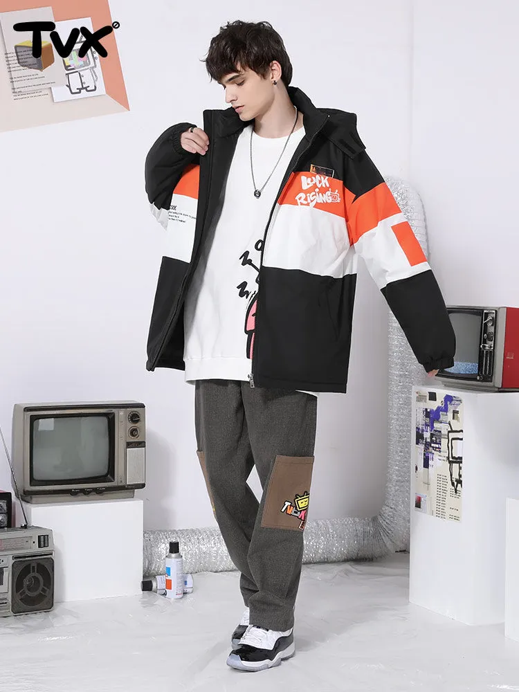 Color contrast striped letters cartoon TV man print removable cap cotton-padded coat