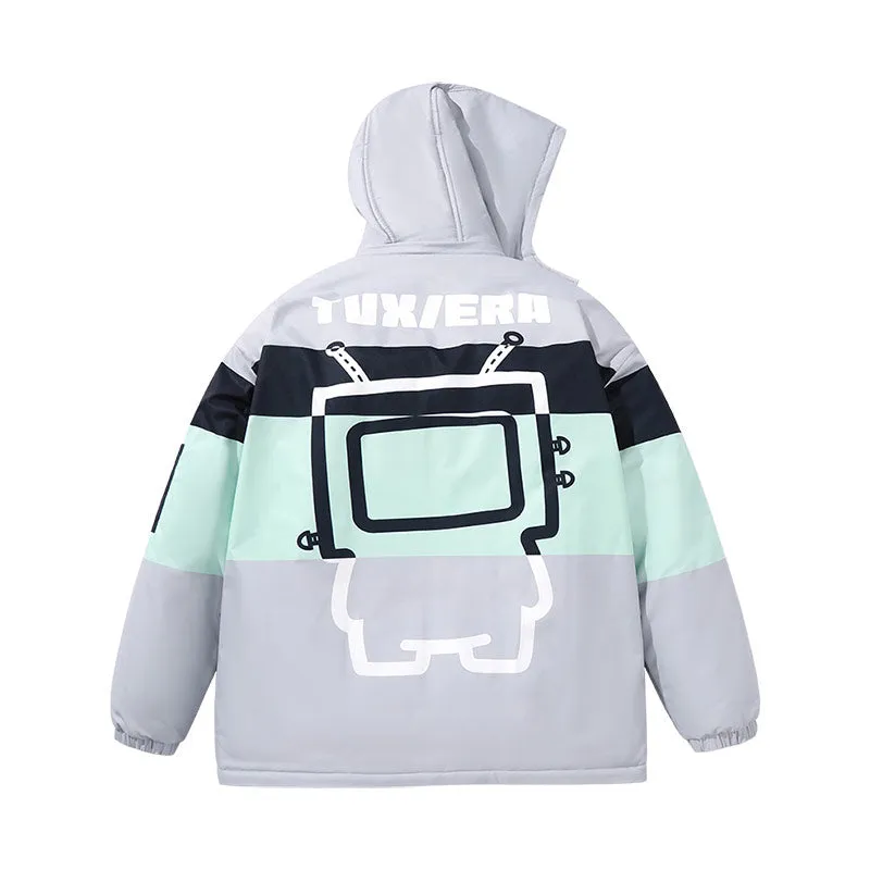 Color contrast striped letters cartoon TV man print removable cap cotton-padded coat