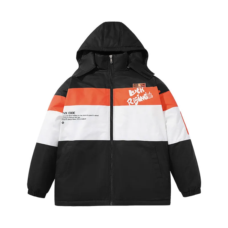 Color contrast striped letters cartoon TV man print removable cap cotton-padded coat