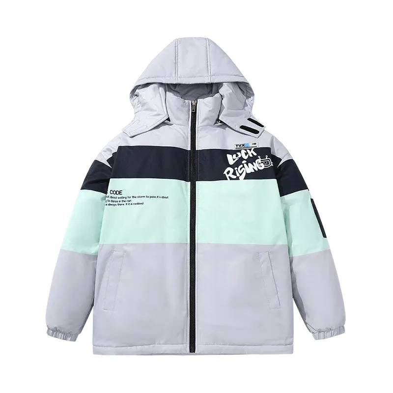 Color contrast striped letters cartoon TV man print removable cap cotton-padded coat