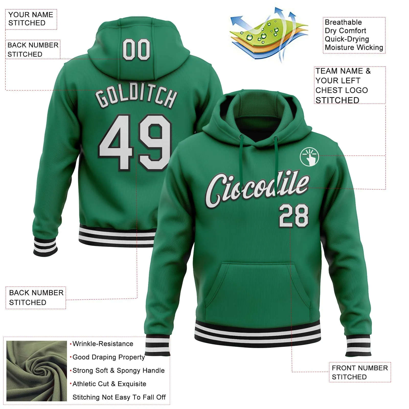 Custom Stitched Kelly Green White-Black Sports Pullover Sweatshirt Hoodie