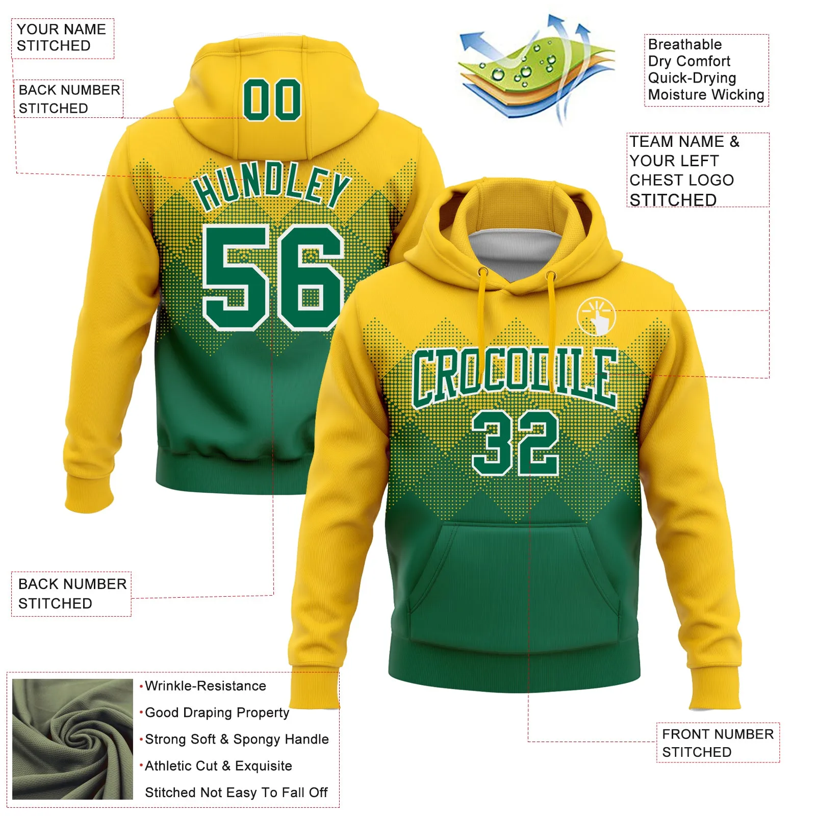 Custom Stitched Yellow Kelly Green-White 3D Pattern Design Gradient Square Shape Sports Pullover Sweatshirt Hoodie