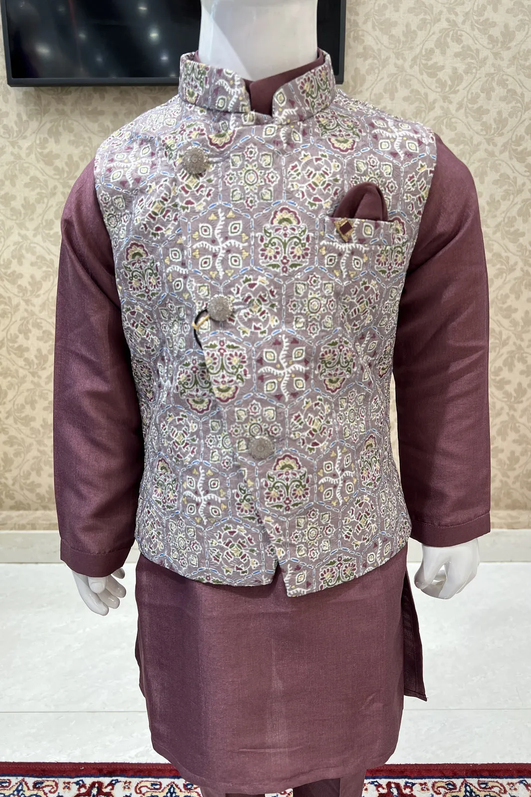 Dark Onion with Grey Multicolor Embroidery work Waist Coat Kurta Set for Boys