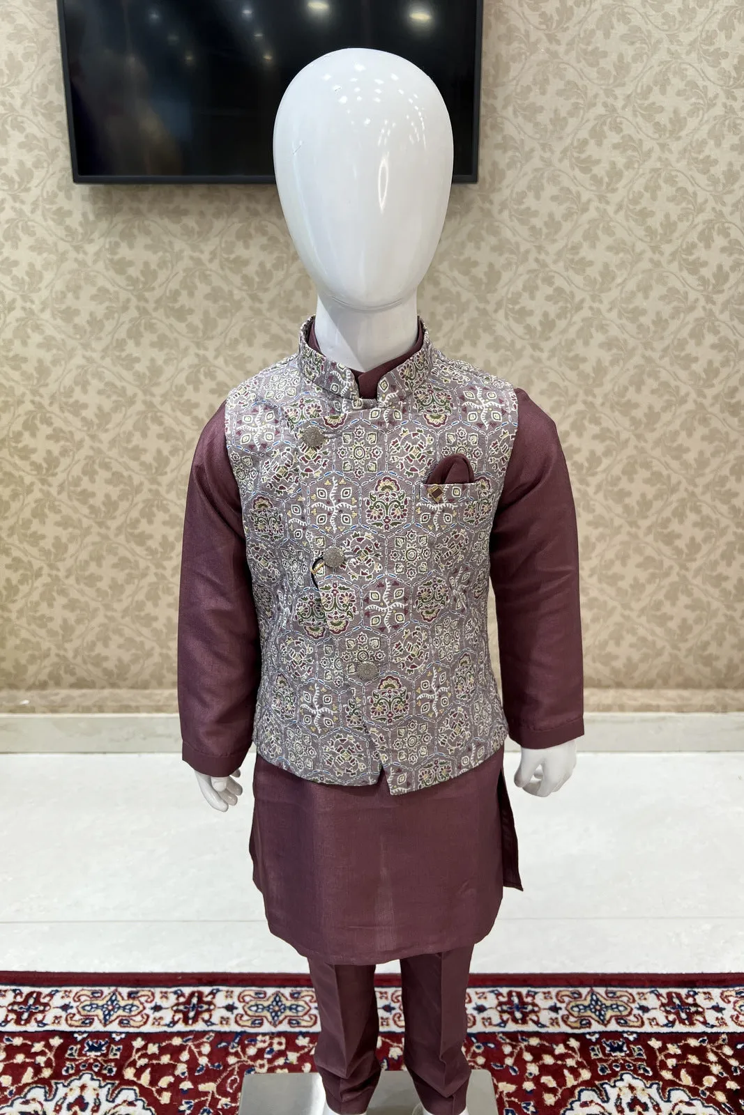 Dark Onion with Grey Multicolor Embroidery work Waist Coat Kurta Set for Boys