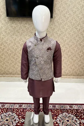 Dark Onion with Grey Multicolor Embroidery work Waist Coat Kurta Set for Boys