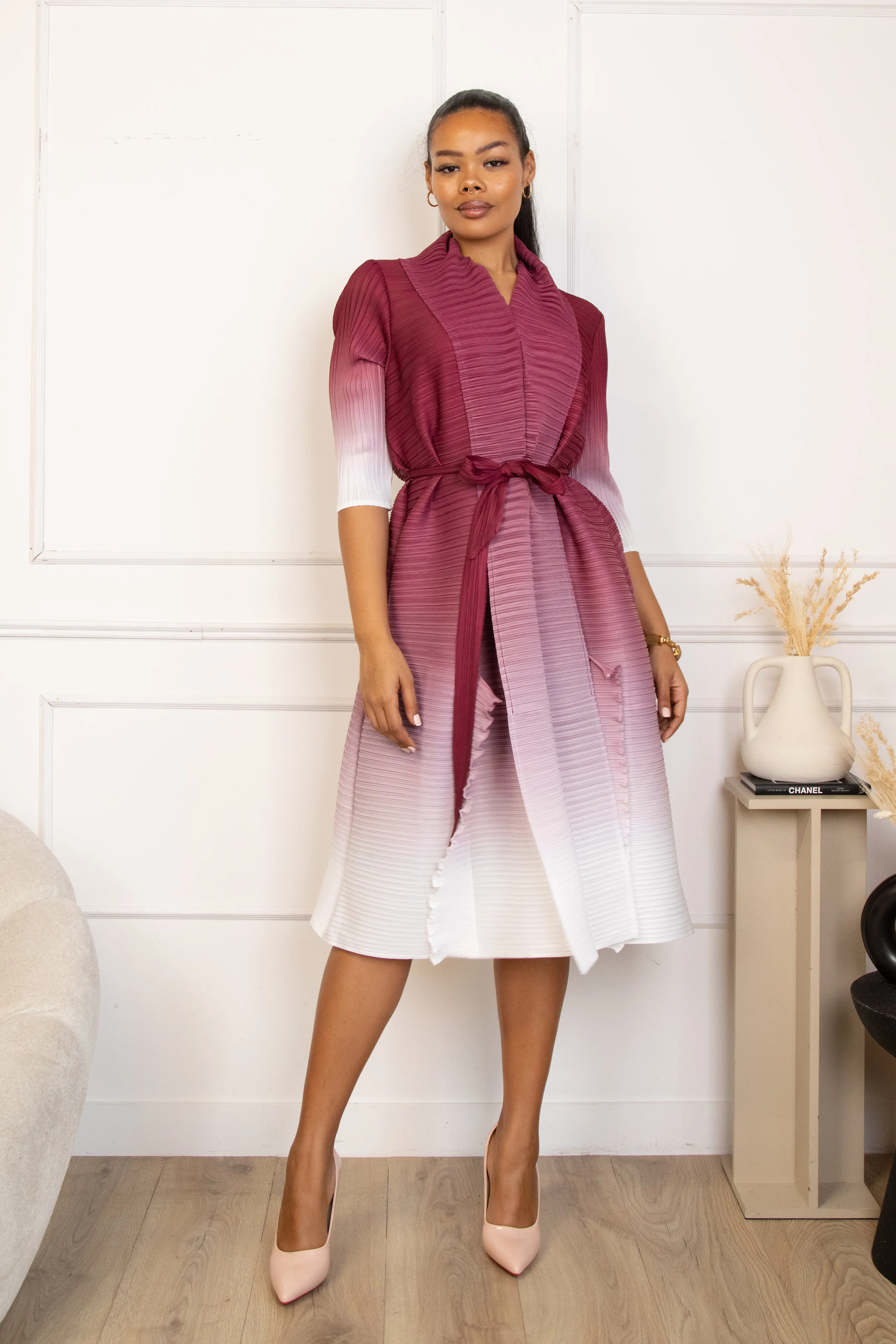 DENIECE PLEATED OMBRE DRESS - WINE