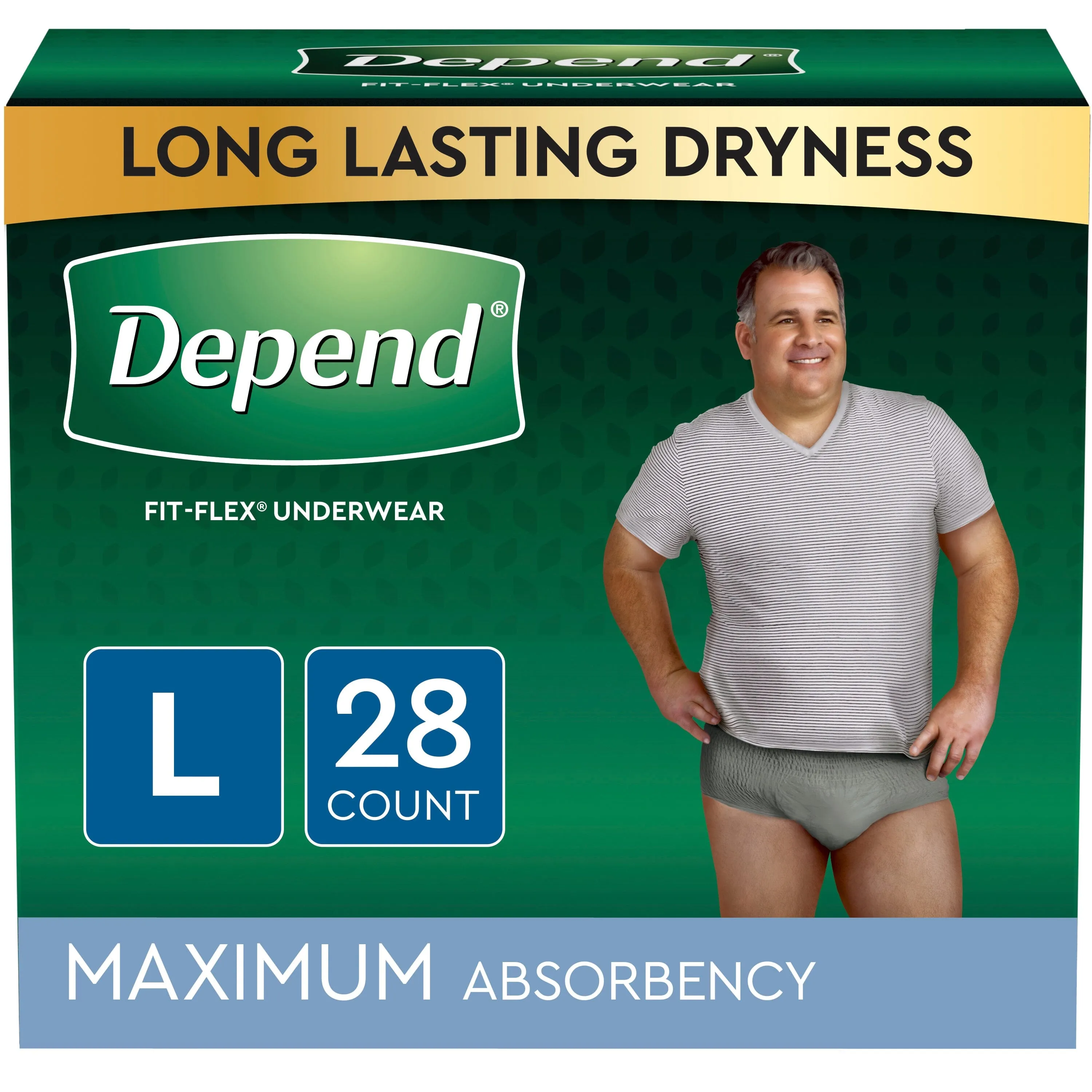 Depend FIT-FLEX Incontinence Underwear for Men, Maximum Absorbency, Large, Gray, 28 Count