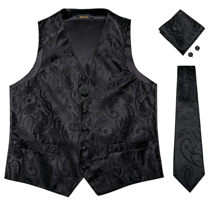 DiBanGu Mens Suit Vest Black Paisley Jacquard Silk Waistcoat Vest Tie Handkerchief Cufflinks Set