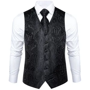 DiBanGu Mens Suit Vest Black Paisley Jacquard Silk Waistcoat Vest Tie Handkerchief Cufflinks Set