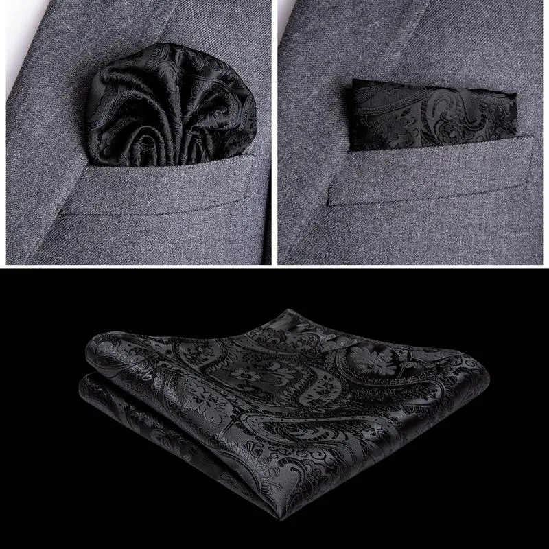 DiBanGu Mens Suit Vest Black Paisley Jacquard Silk Waistcoat Vest Tie Handkerchief Cufflinks Set