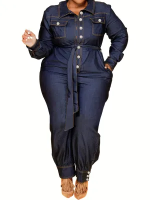 Effortless Elegance Women's Plus Denim Style Belted Jumpsuit with Lapel Collar