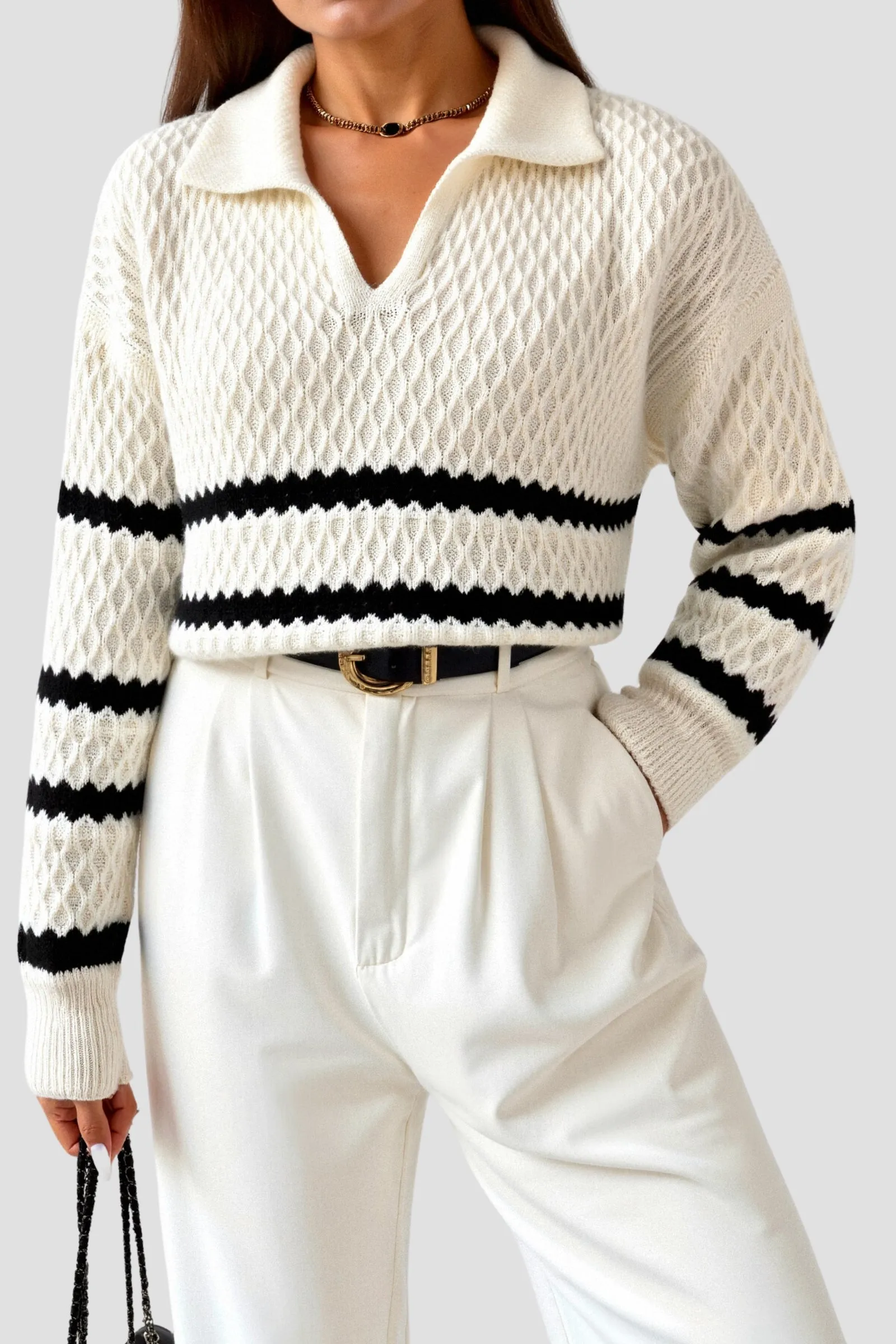 Elegant Cable Knit Striped Diamond Textured Collared Sweater