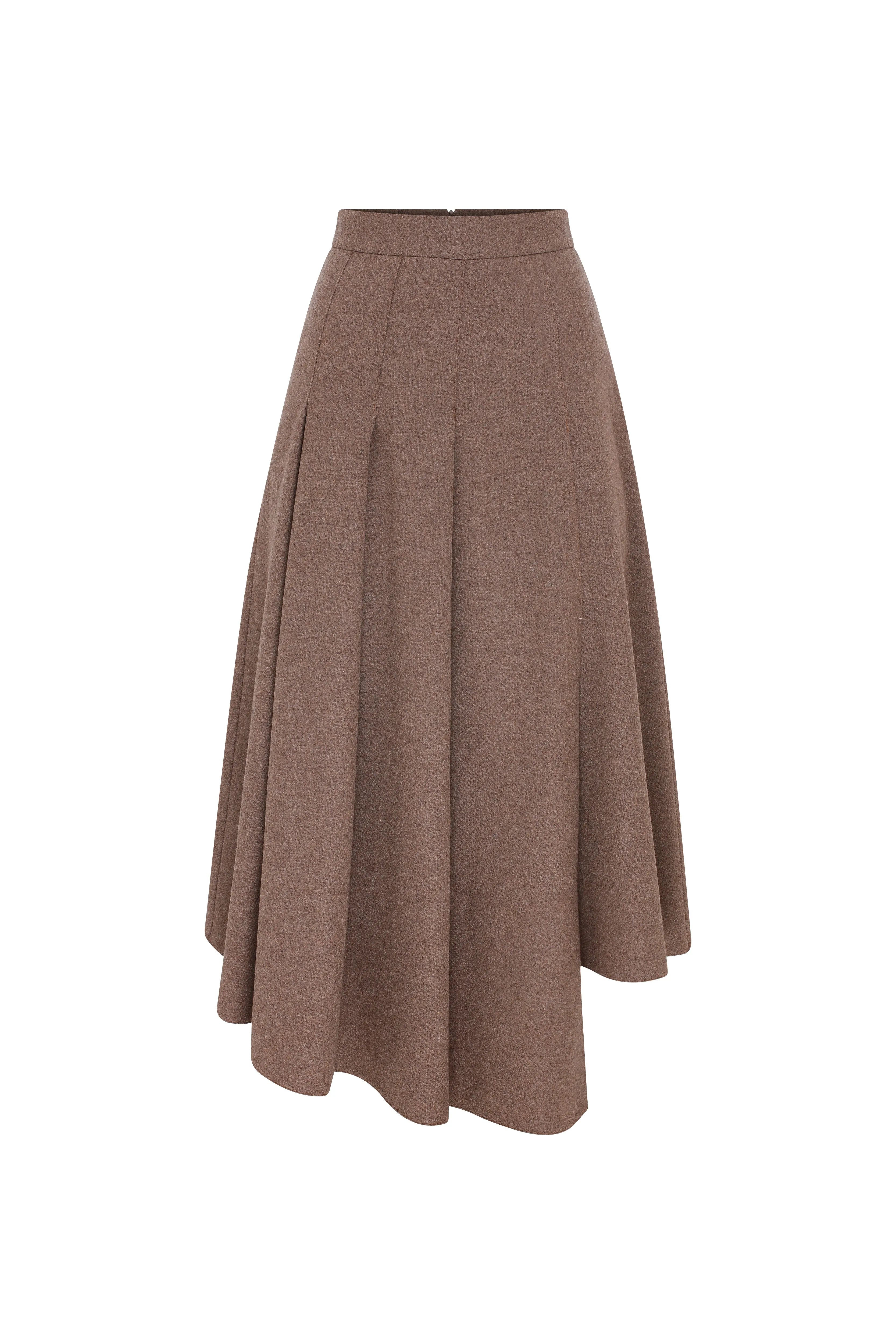 Eliza Wool Plaid  Asymmetric Midi Skirt in Mocha