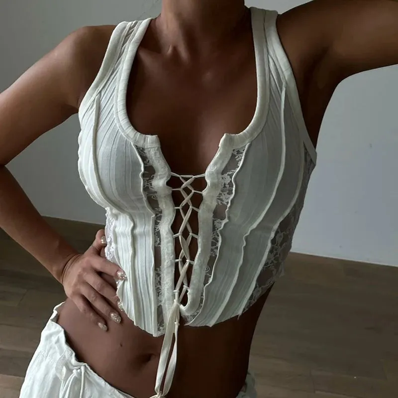 Fashion Sexy White Lace Spliced Bodycon Tank Camis Club Party Front Tie Up Vest Stitched Short Summer Crop Tops Women