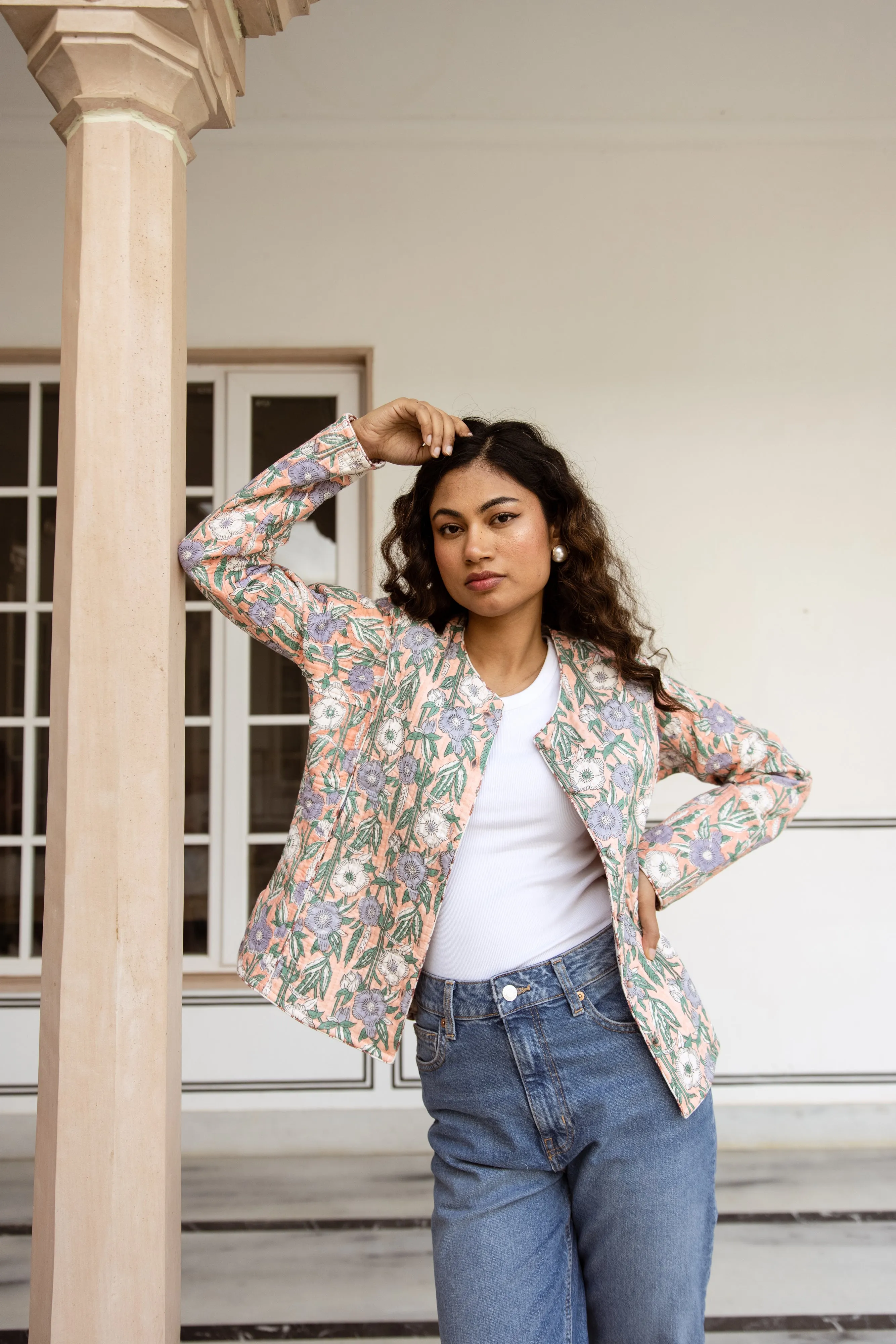 Fitted quilted jacket - Salmon Pink with Blue & Green Flowers