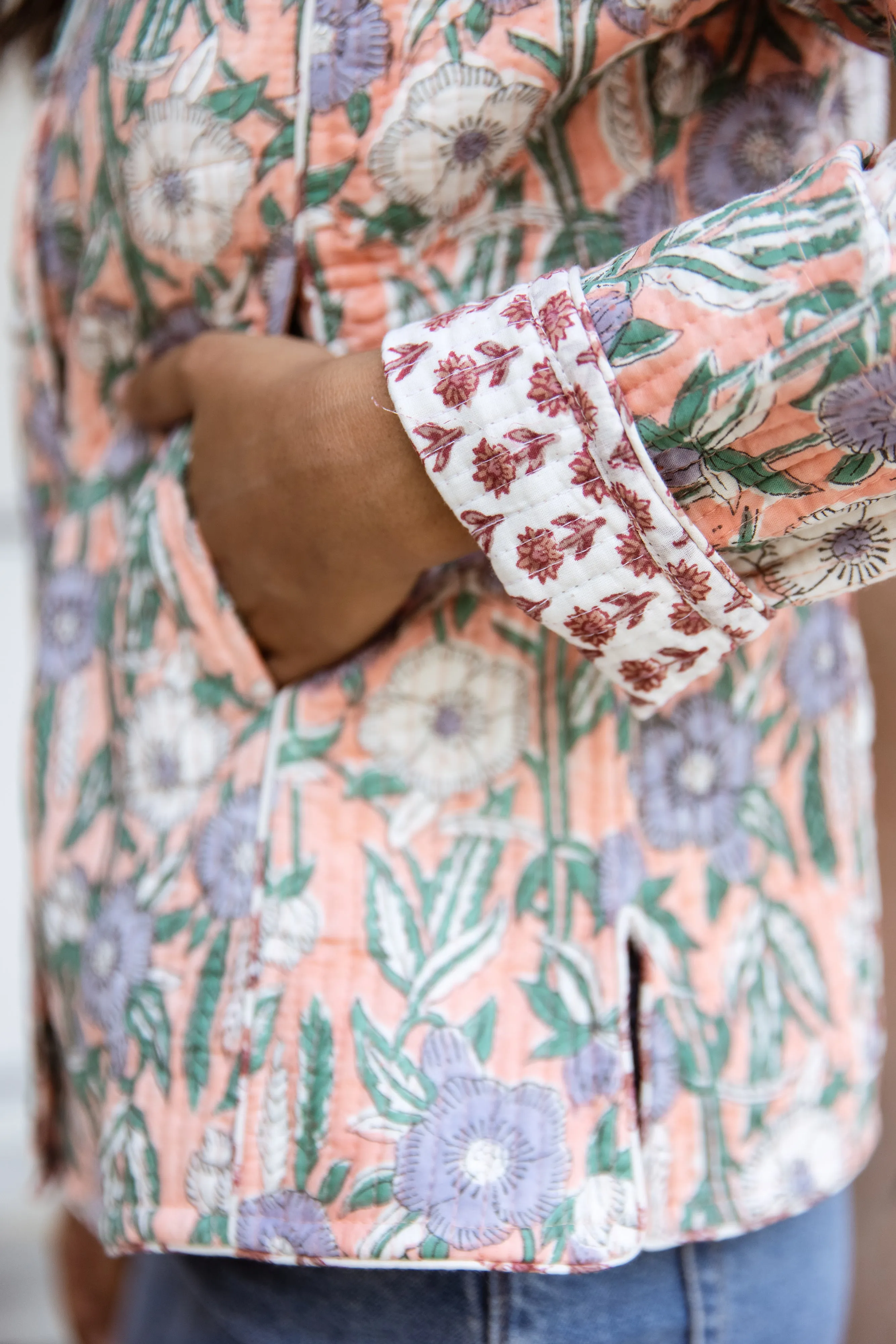 Fitted quilted jacket - Salmon Pink with Blue & Green Flowers