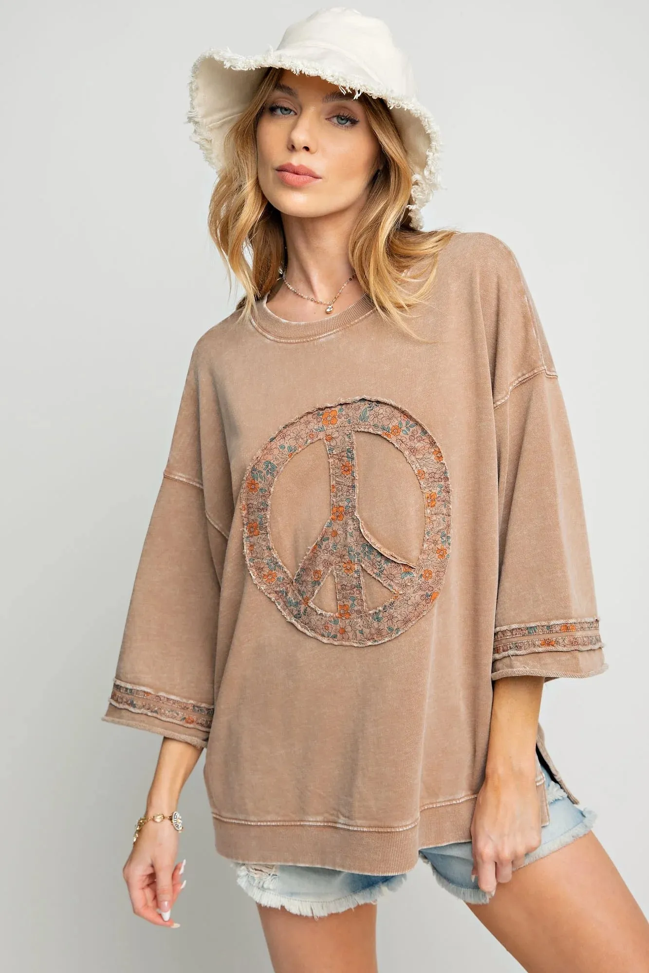 Floral Peace Sign Mineral Washed Terry Top, Mocha