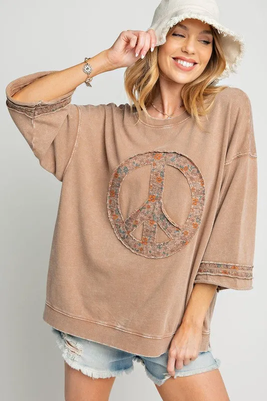 Floral Peace Sign Mineral Washed Terry Top, Mocha