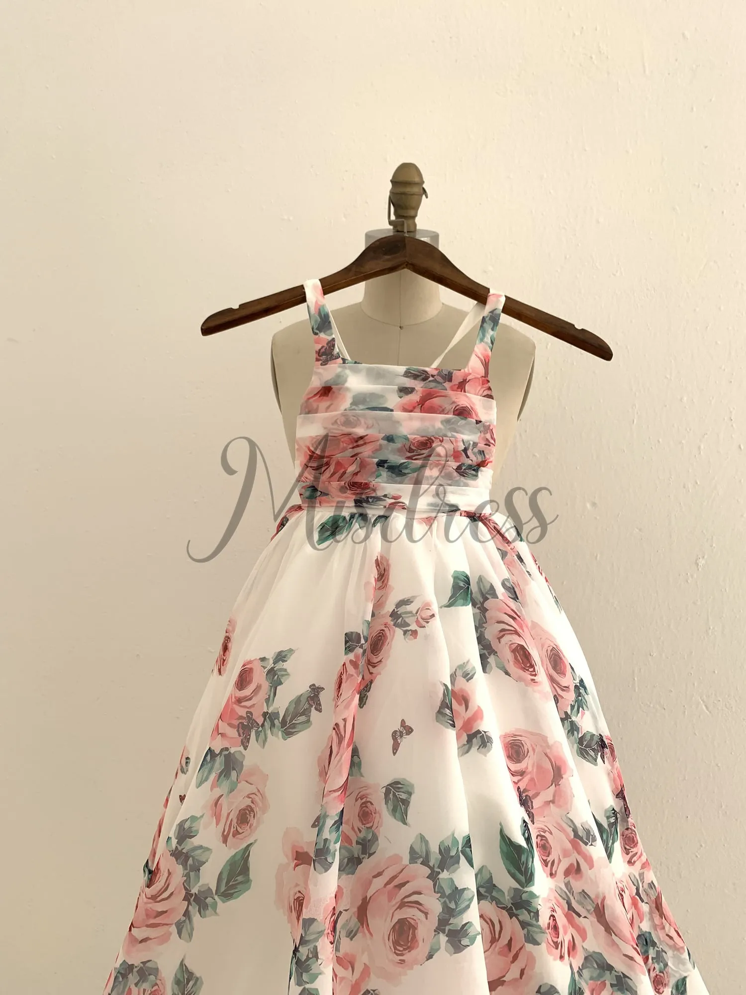 Floral Print Chiffon Straps Wedding Flower Girl Dress Kids Formal Dress