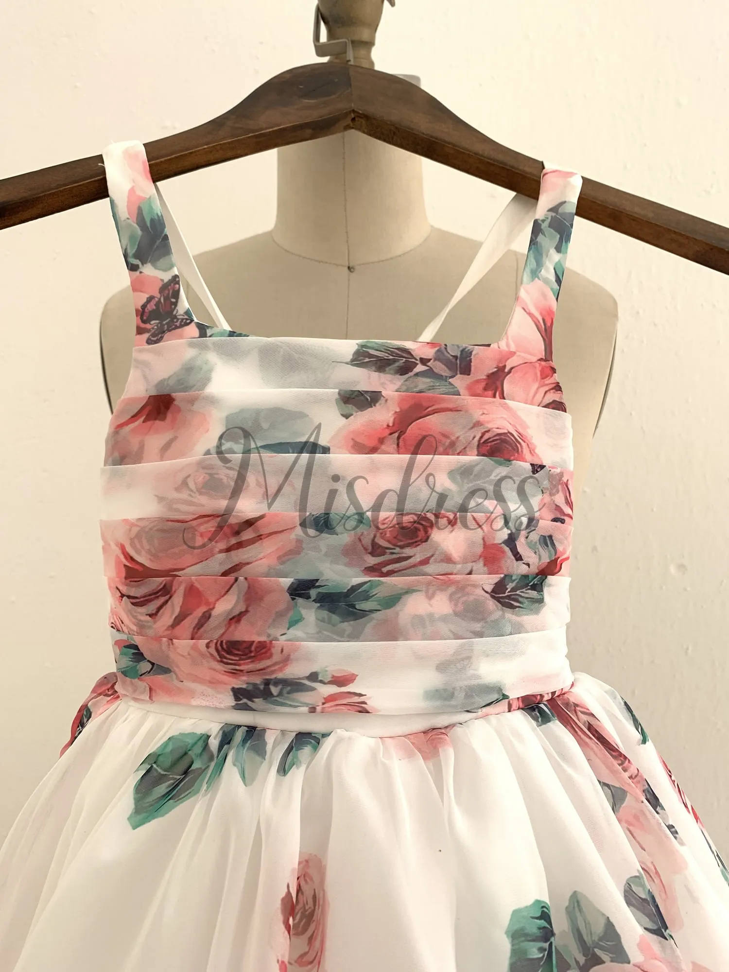 Floral Print Chiffon Straps Wedding Flower Girl Dress Kids Formal Dress