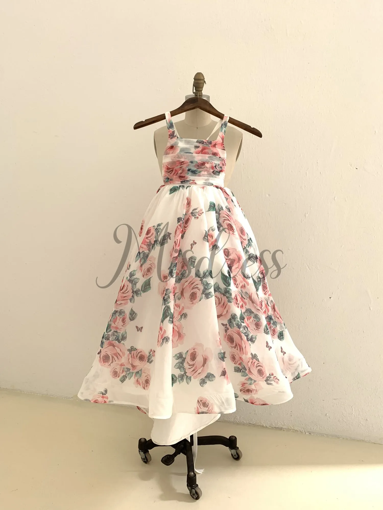 Floral Print Chiffon Straps Wedding Flower Girl Dress Kids Formal Dress