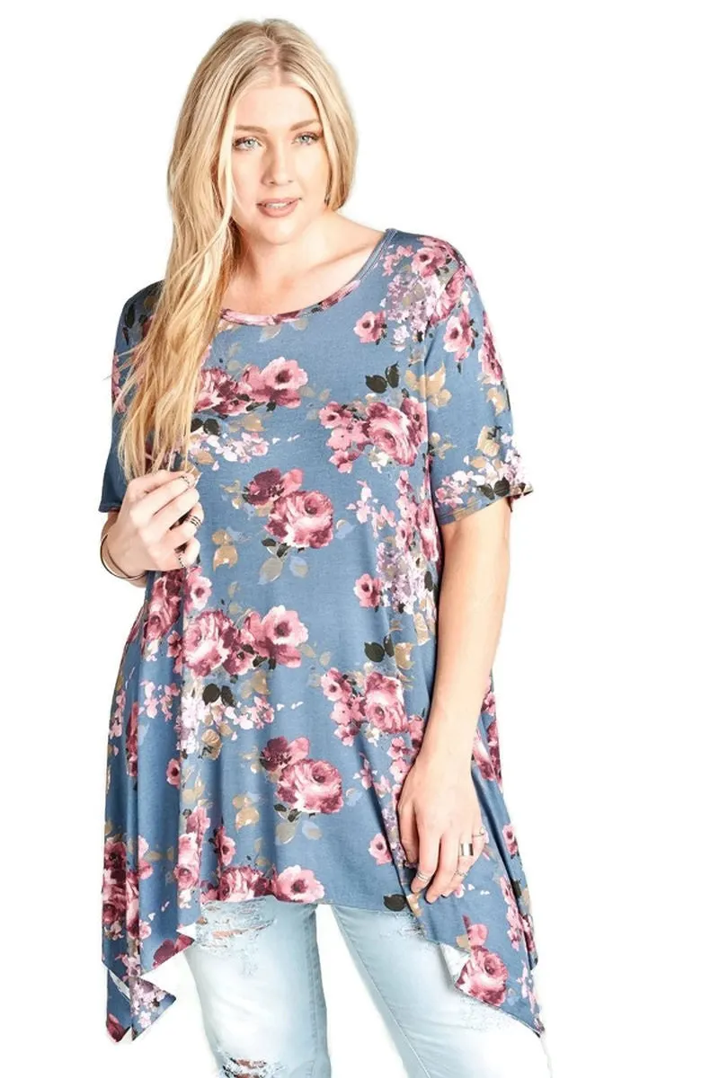 Floral Sharkbite Short Sleeve Tunic, Denim